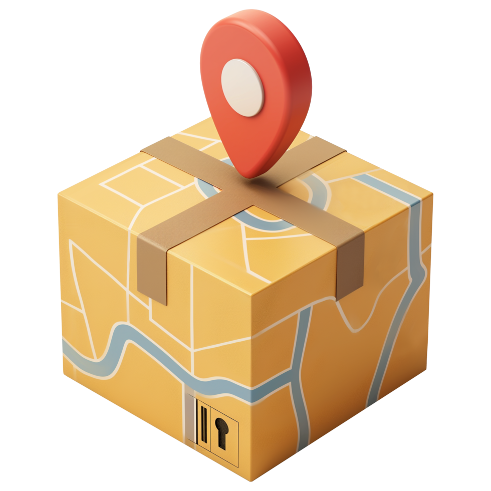 AI generated Shipping box with map pattern with location elements, 3d design. Suitable for business, e-commerce and design elements png