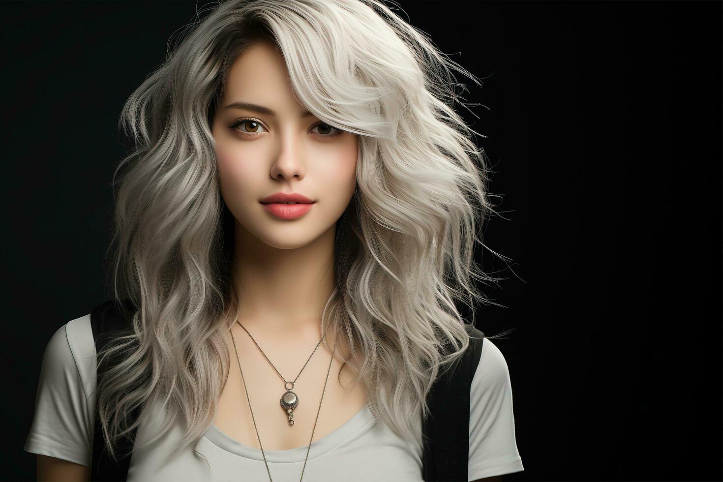 AI generated Portrait of a stylish, fashionable Caucasian girl wearing a t-shirt and carelessly styled hair in white and dark colors. photo
