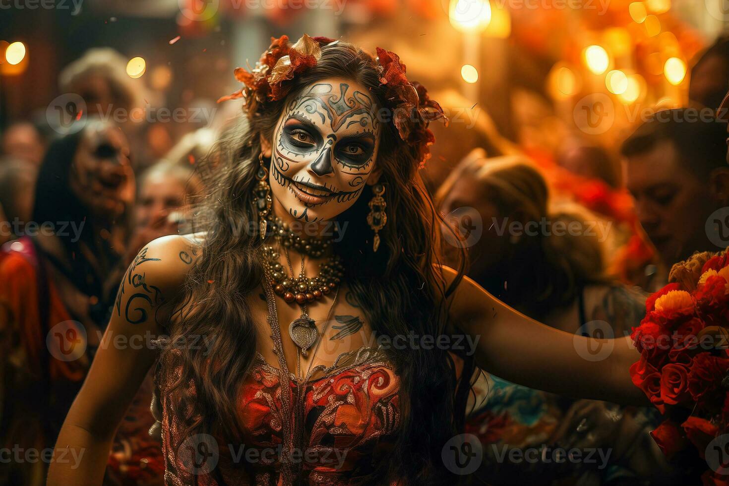 ai generado de cerca de un joven mujer con maquillaje a el día de el muerto celebracion. foto