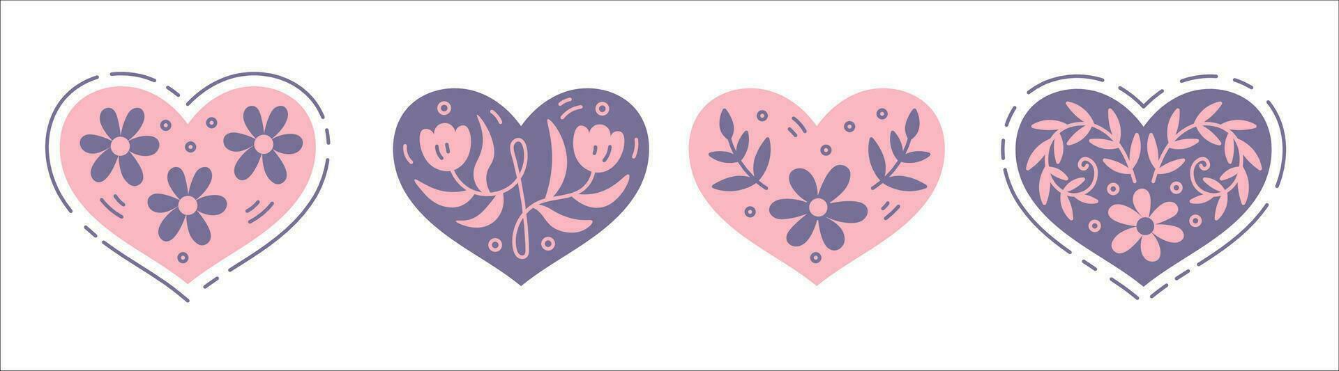 Floral heart shapes doodle set vector