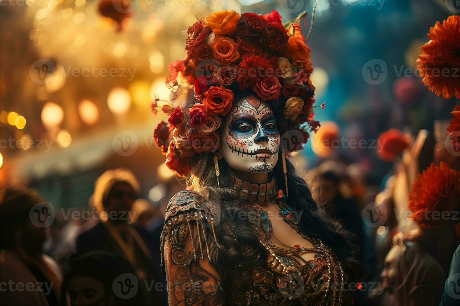 AI generated Close-up of a young woman with makeup at the Day of the Dead celebration. photo