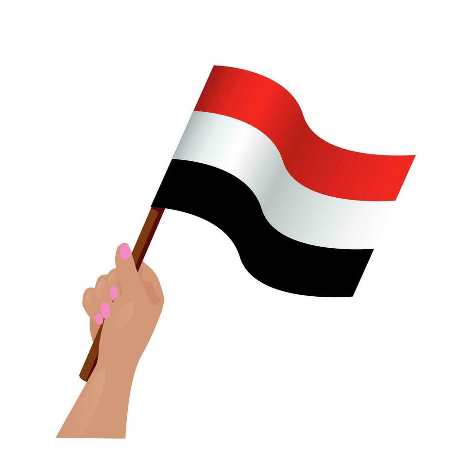 The hand holding the waving Yemen flag. Vector illustration isolated on white background for articles, new, social media