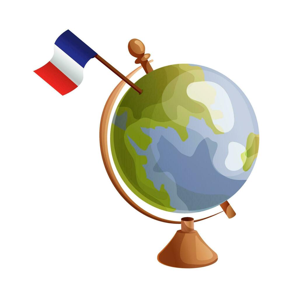 France flag pole on globe. Flag waving around the world. National flag vector illustration isolated on white background.