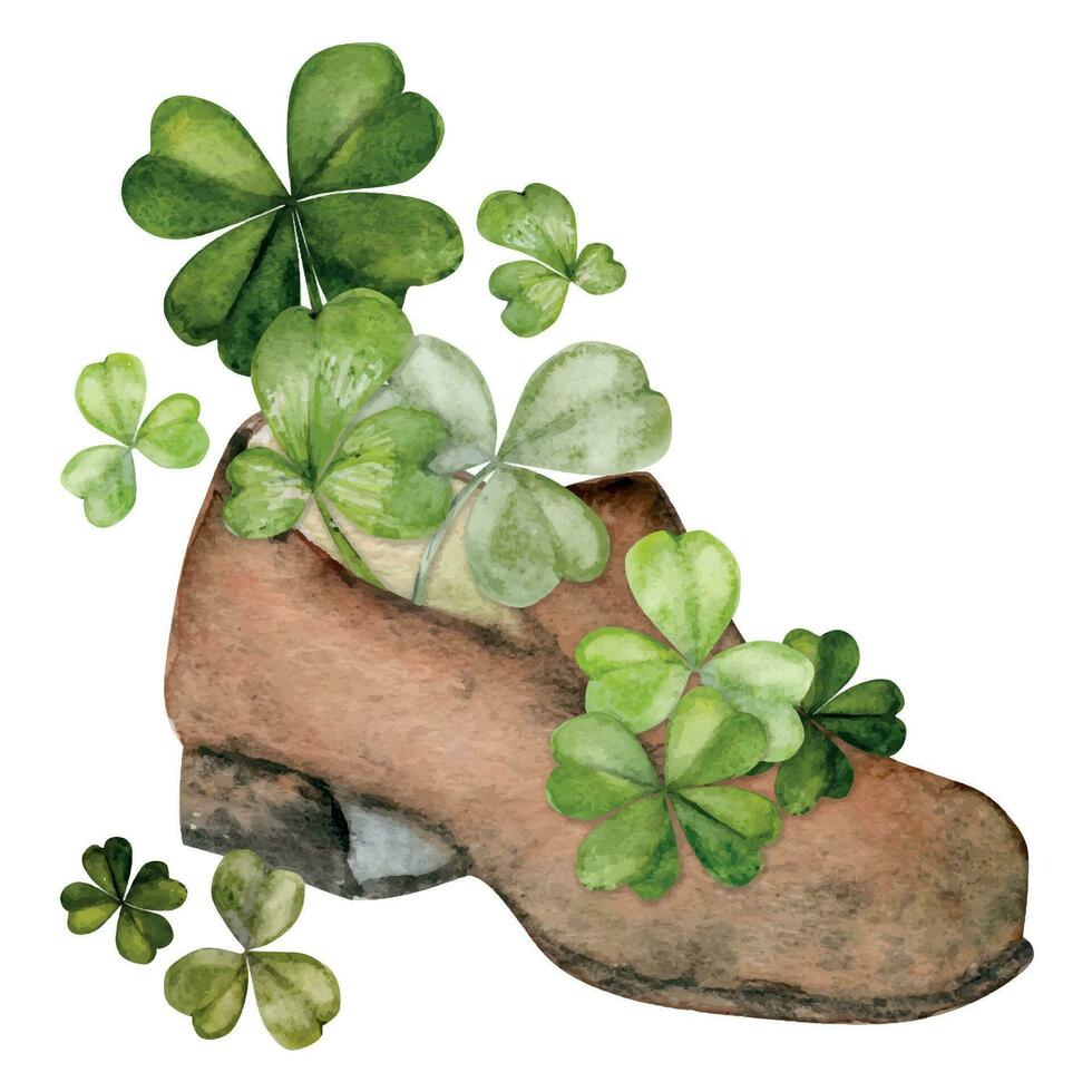 acuarela mano dibujado ilustración, Santo Patricio día festivo. duende botas zapatos, verde suerte trébol trébol. Irlanda tradición. aislado en blanco antecedentes. para invitaciones, imprimir, sitio web, tarjetas vector