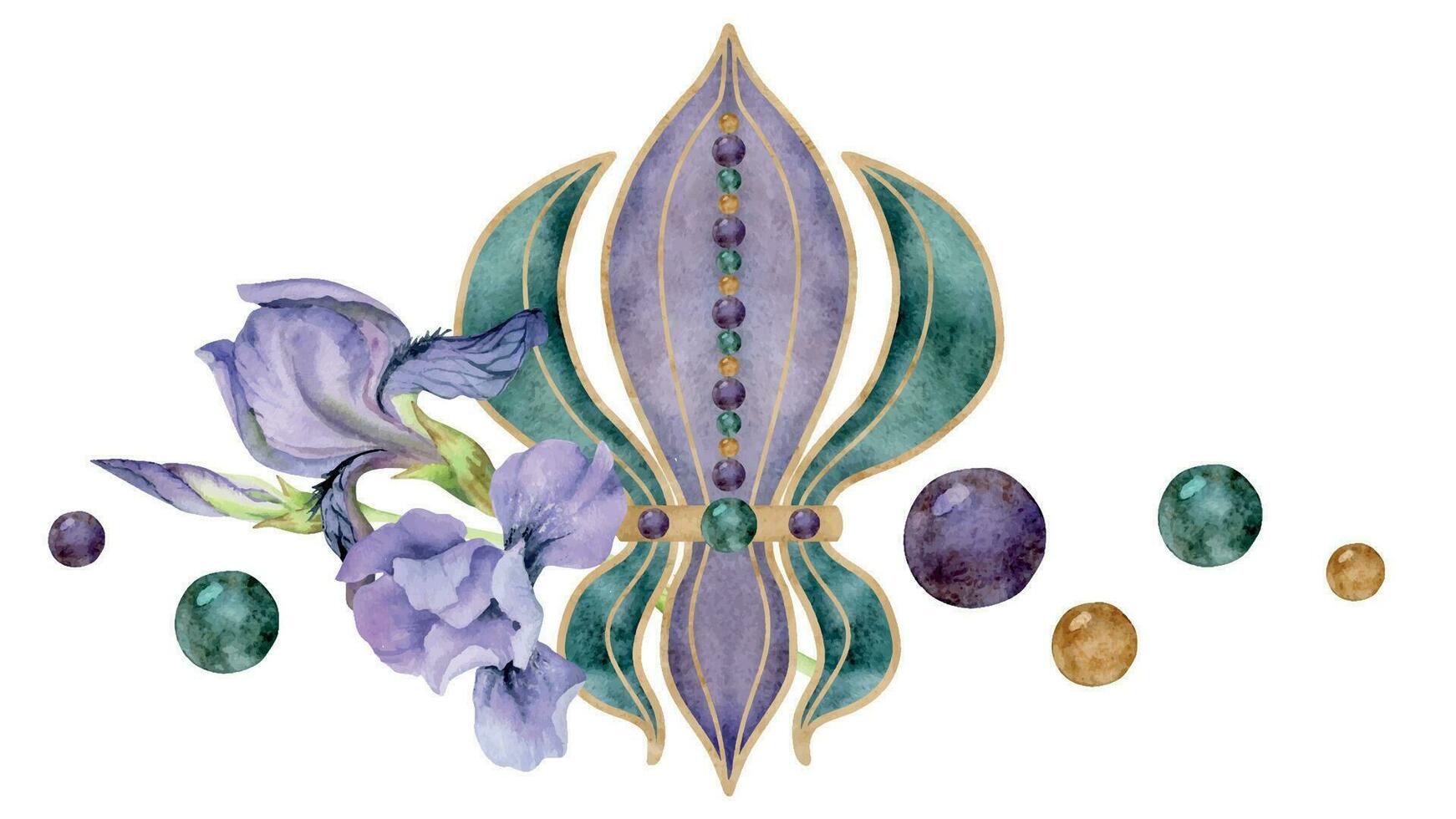 Hand drawn watercolor Mardi Gras carnival symbols. Fleur de lis French lily iris flower glass beads confetti baubles Composition isolated on white background. Design for party invitation, print, shop vector