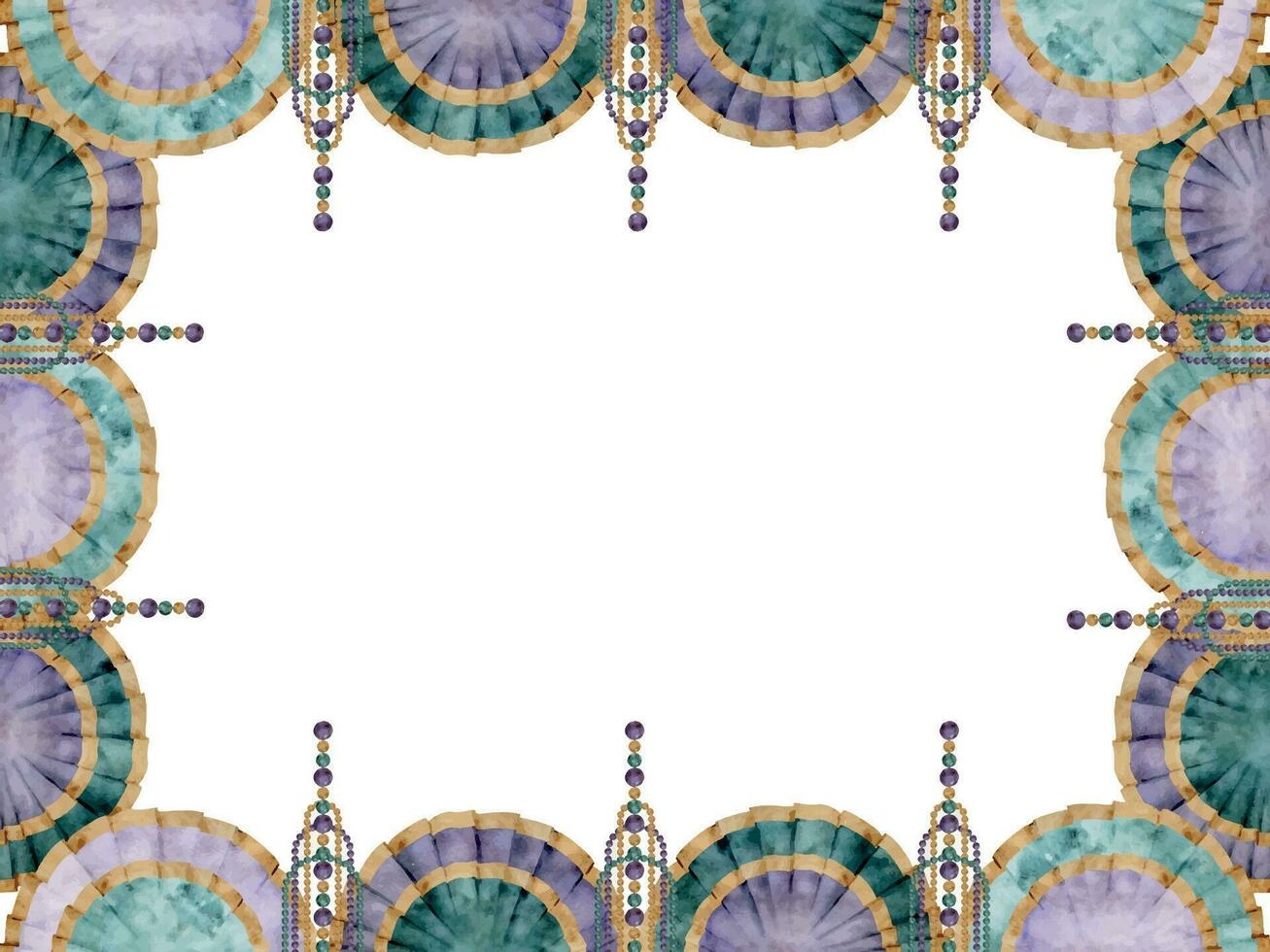 Hand drawn watercolor Mardi Gras carnival symbols. Textile festoon pelmet drape garland, glass bead pearl strings. Horizontal frame isolated on white background. Design party invitation, print, shop vector