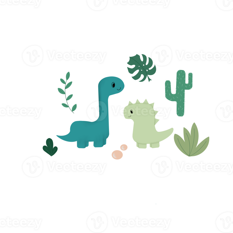 Illustration of a pattern of cute dinosaurs and plant leaves on a transparent background. Can be used to print on fabric, paper, clothing png