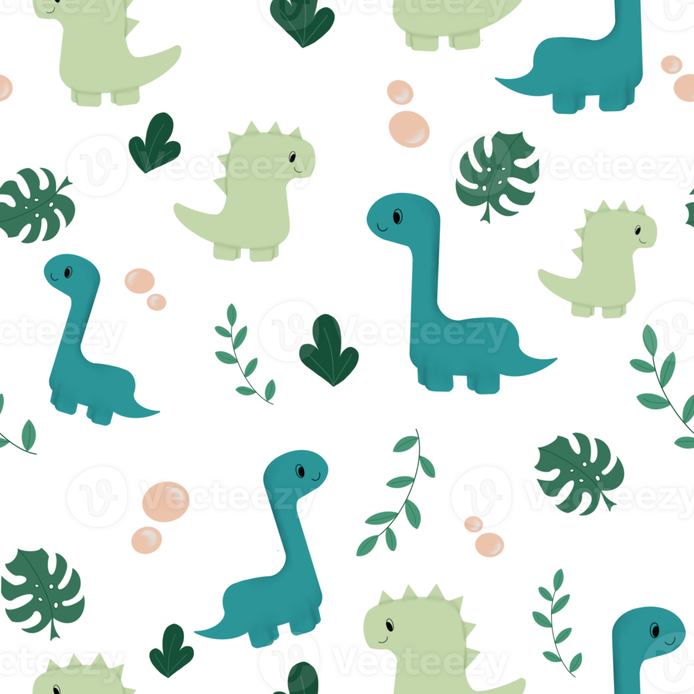 Illustration of a pattern of cute dinosaurs and plant leaves on a transparent background. Can be used to print on fabric, paper, clothing png