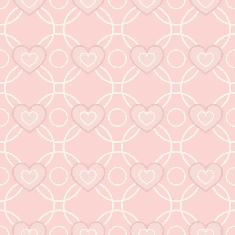 Geometric pink pattern with heart icons. Grid with intertwined outline circles. Low contrast. For prints, clothing, holiday goods, surface design For Valentines Day, girls design vector