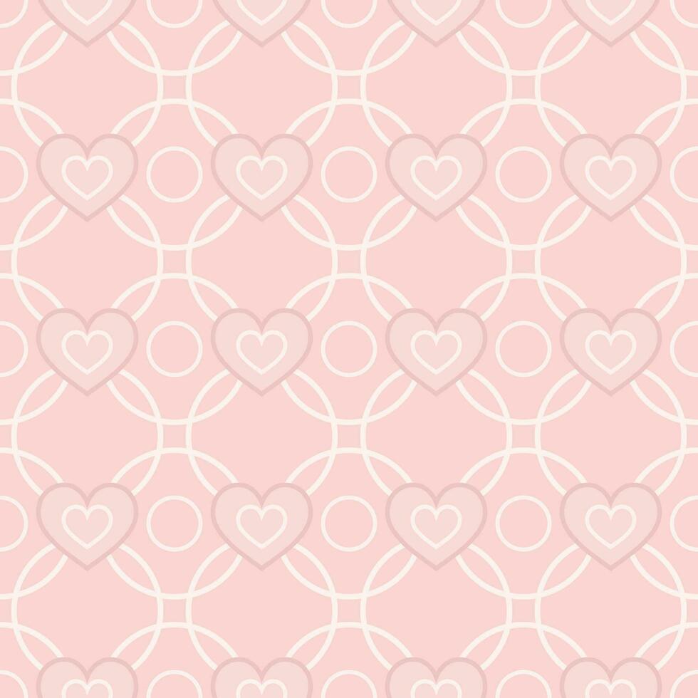 Geometric pink pattern with heart icons. Grid with intertwined outline circles. Low contrast. For prints, clothing, holiday goods, surface design For Valentines Day, girls design vector