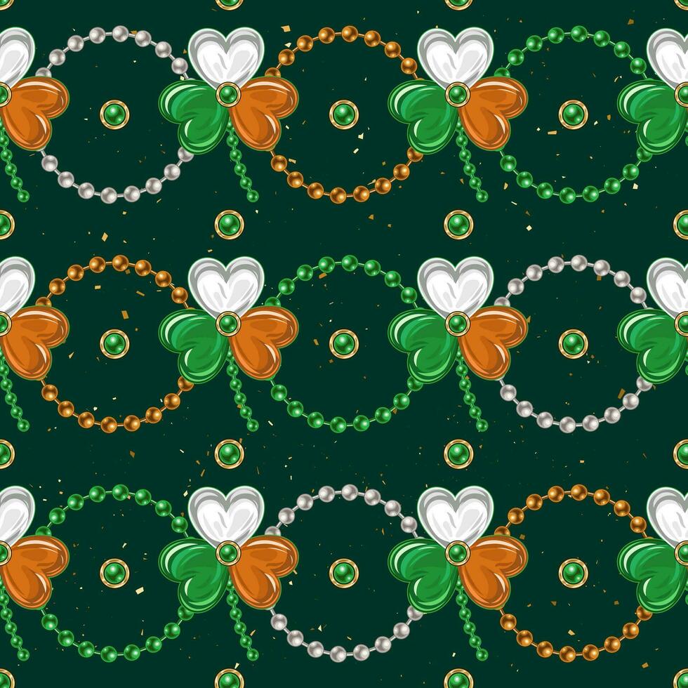 Geometric St Patricks day pattern with bead string, jewelry trefoil shamrock. Horizontal stripes with circles, clovers. National Irish colors. Vintage illustration on dark green background vector