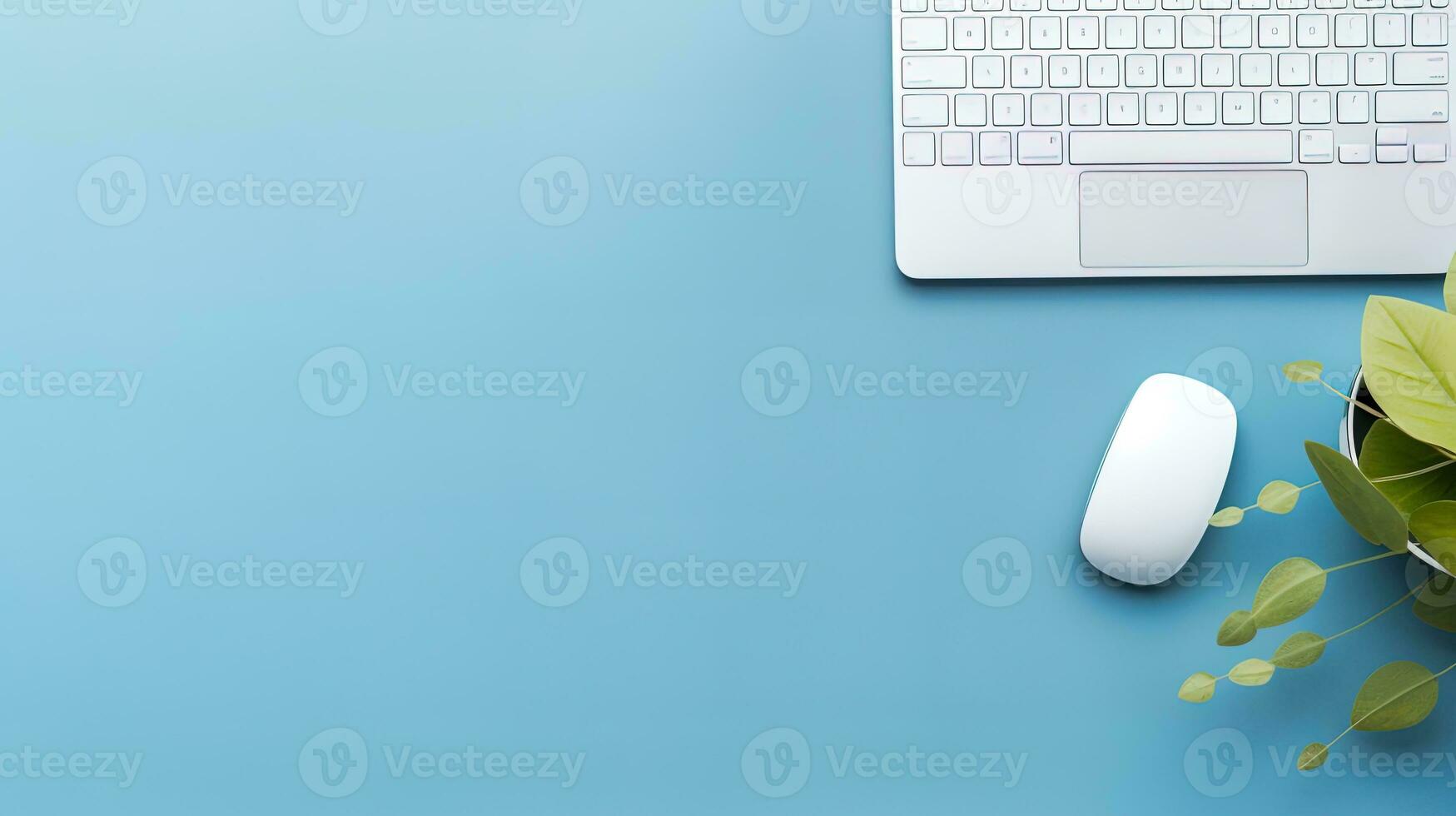 AI generated Top view office desk with mouse and keyboard on blue background, ai generative photo