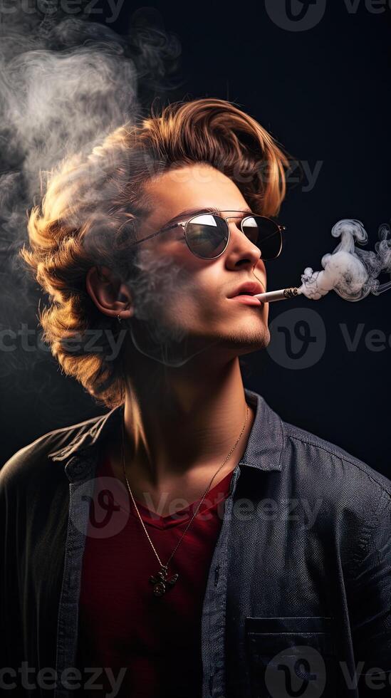 ai generado retrato de un hermoso joven hombre en Gafas de sol de fumar un cigarrillo, ai generativo foto