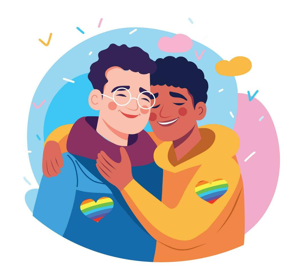 Vector illustration icon icon bright drawing pride month love two men lgbt hug rainbow icon people flat style