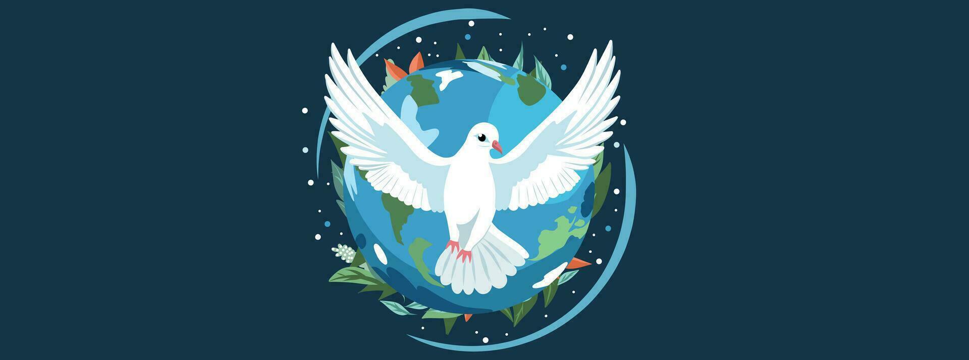 Vector flat illustration. Banner poster mseto for text. International Day of Peace. A dove with outstretched wings against the backdrop of the planet. Peace sign, dove