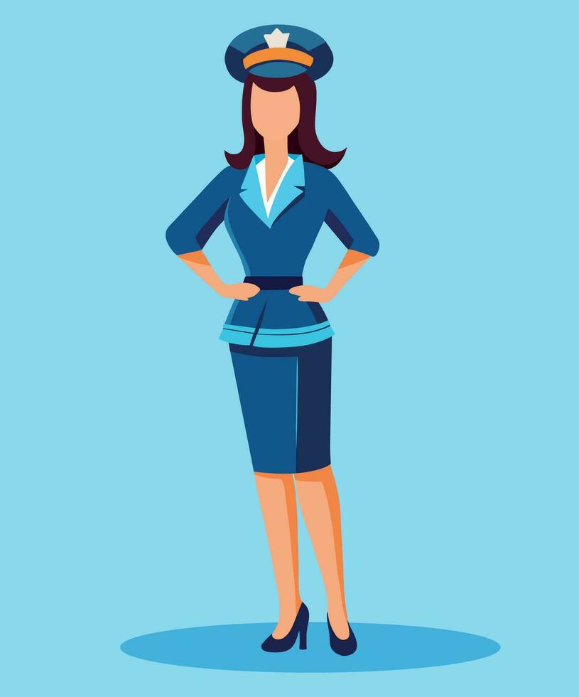 Vector illustration flat flight attendant stewardess no face commercial airlines. Stewardess icon icon. Flat design, vector cartoon. Vintage retro style