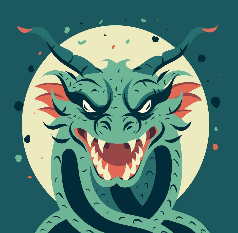 Vector illustration New Year card template for 2024 year of the dragon. Chinese New Year. Image of a dragon avatar on a wall on a postcard