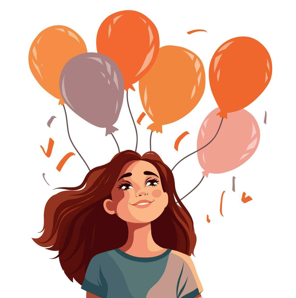Vector illustration of flat cute girl with balloons on a white background, element for design suitable for happy holiday postcard poster banner