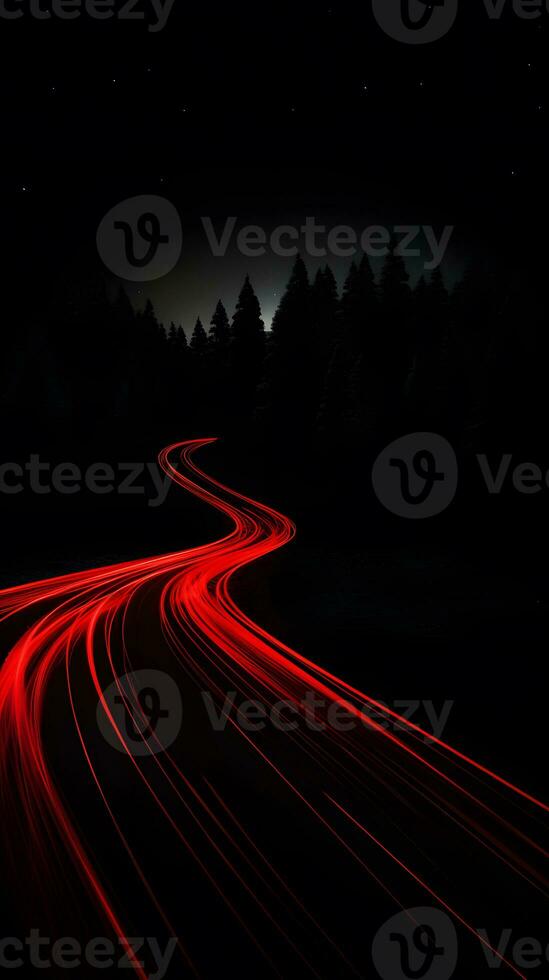 AI generated Car light trails on the road. Long exposure photo taken in a forest
