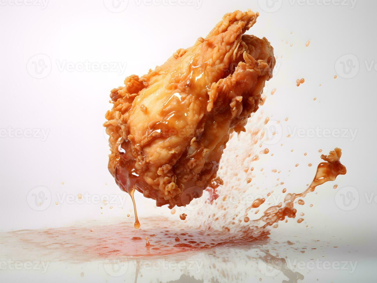 AI generated Fried chicken with sauce splashing on a white background photo