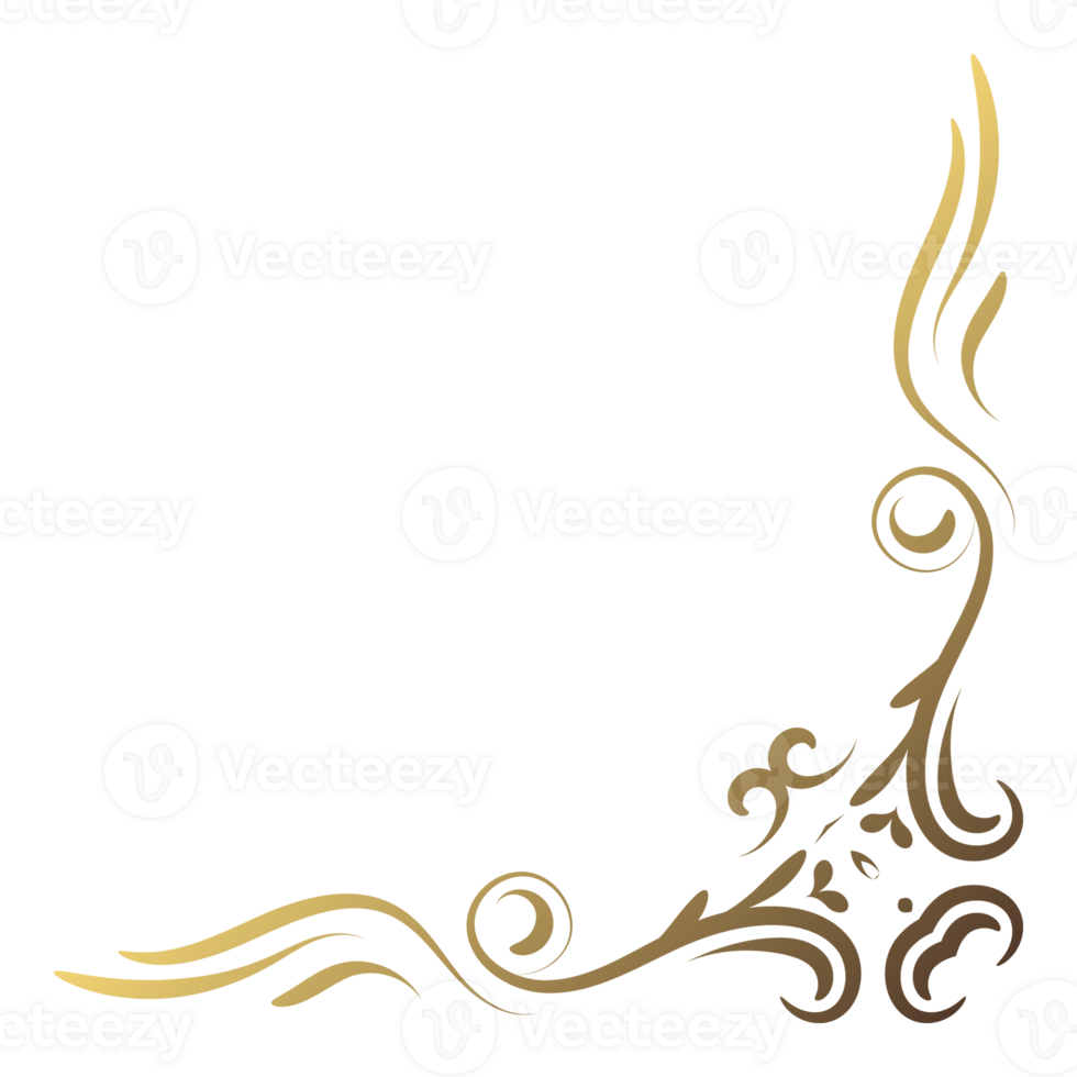 Gold vintage corner and frame filigree. Retro swirl divider pattern ornament with classic style. Element design calligraphy. Decoration for frame, greeting card, invitation, menu, certificate. png