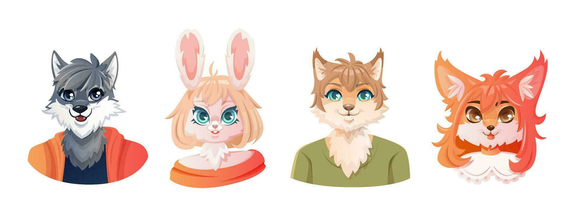 Set of portraits of a cute cartoon anthropomorphic furry characters. vector