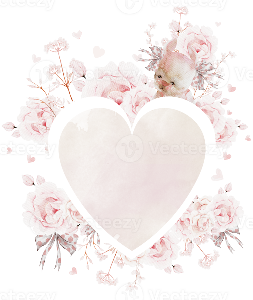 Watercolor pink  heart with roses and blooming flowers png