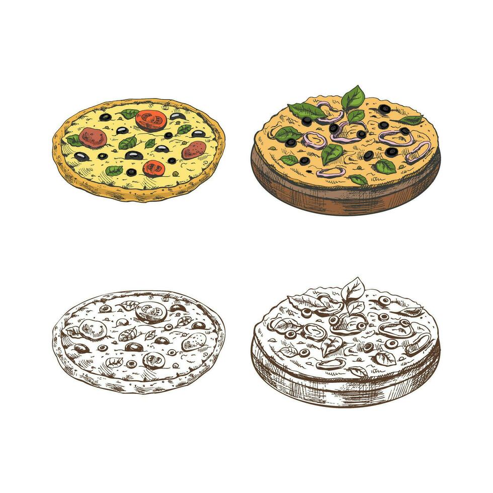 Hand-drawn colored and monochrome sketches of vegetarian pizza on a wooden plate and pizza Margherita isolated on white background. Fast food vintage illustration. Great for menu, posters. vector