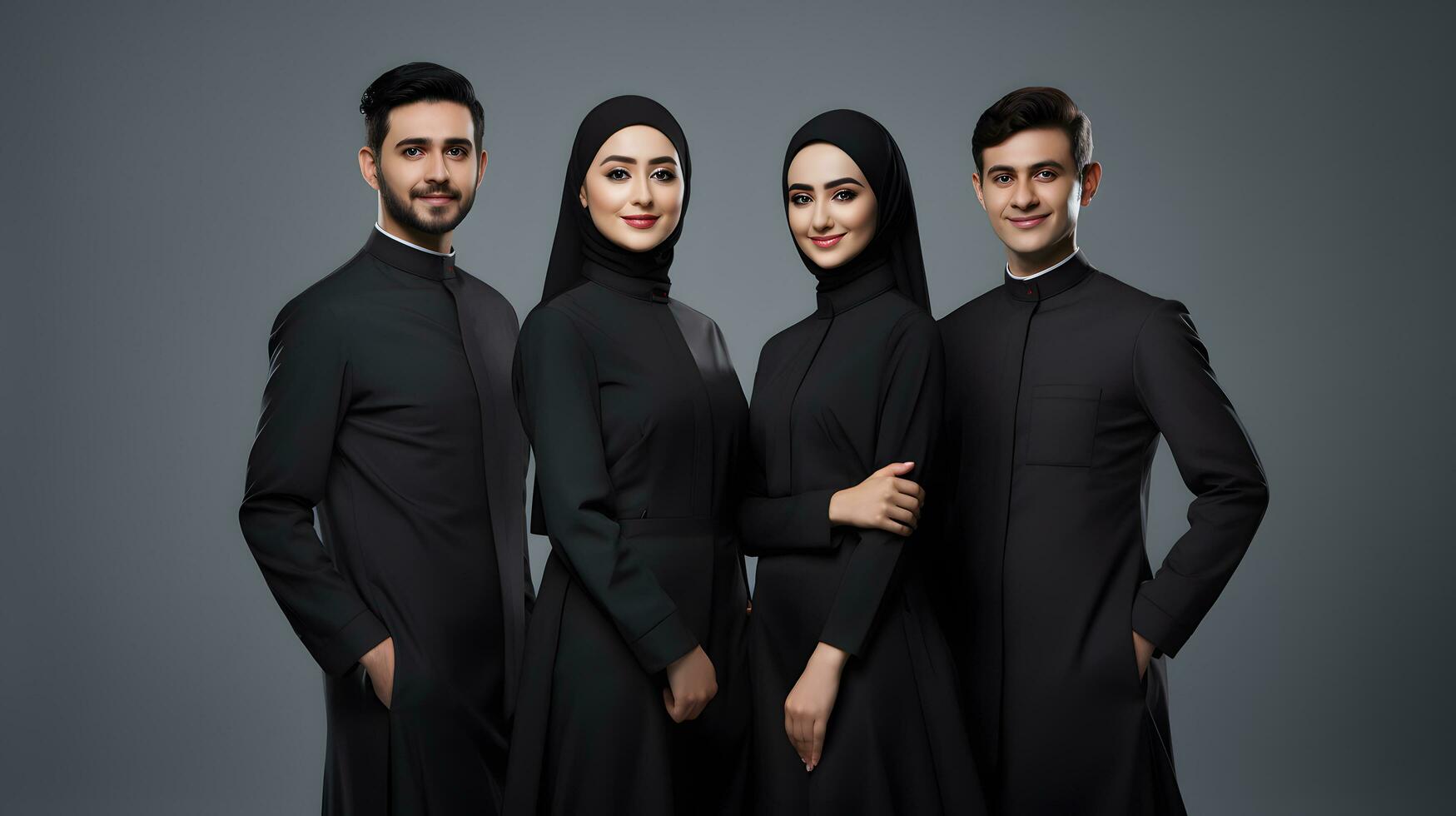 AI generated group of muslim people in black clothes posing together isolated on grey photo