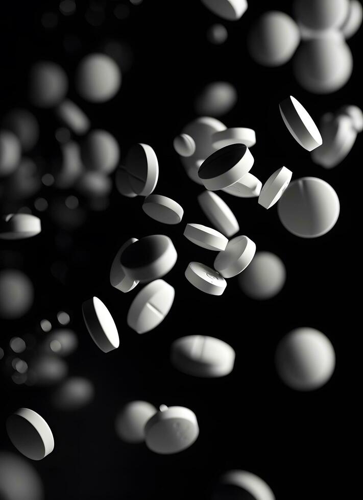 AI generated white pills falling on black background photo
