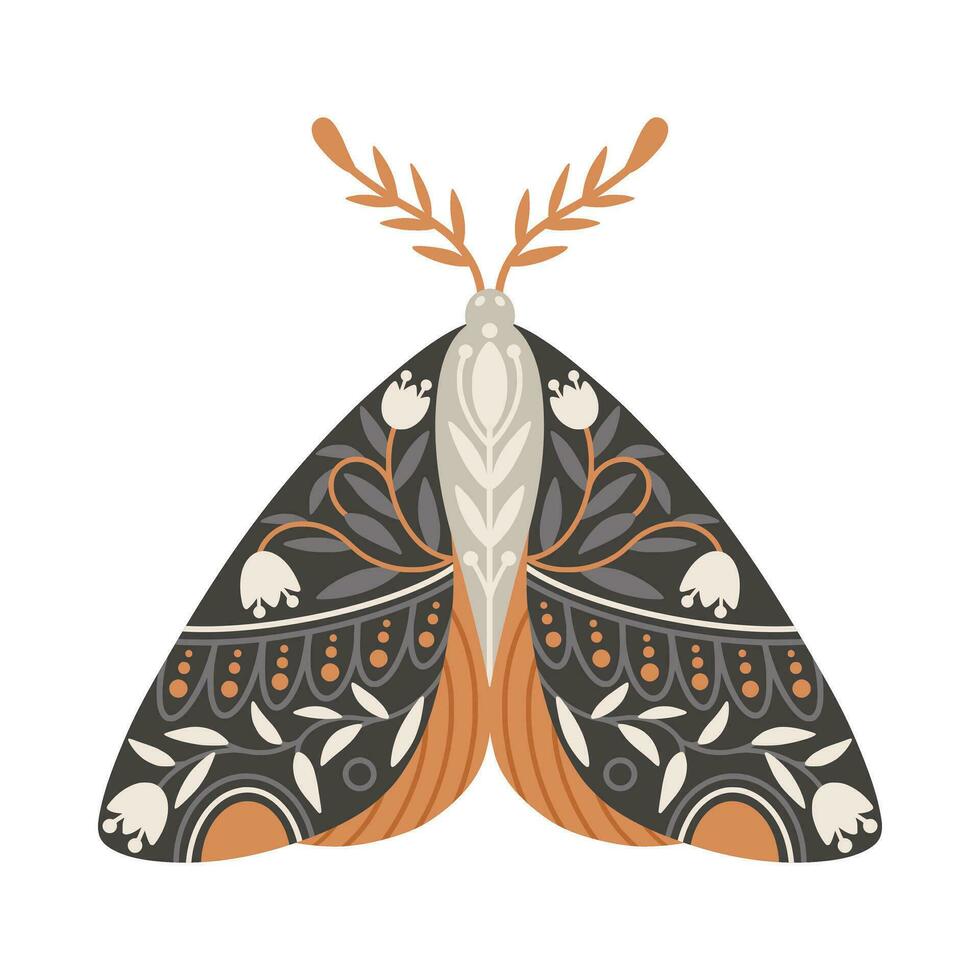 Moth icon with ornament of flowers and leaves. Vintage mystical moth or butterfly. Flying celestial insect, vector illustration