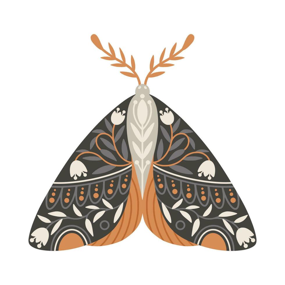 polilla icono con ornamento de flores y hojas. Clásico místico polilla o mariposa. volador celestial insecto, vector ilustración