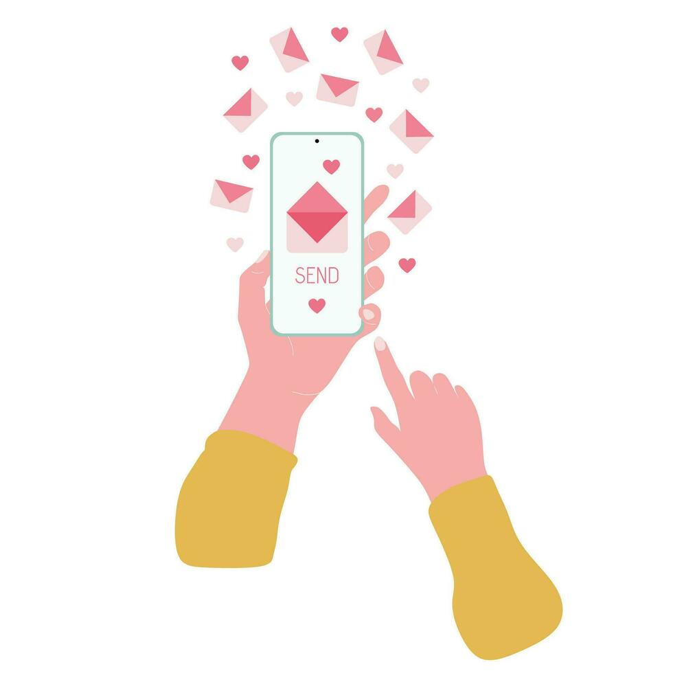 Illustration of hands holding a phone with Love message with hearts and Mails comes to the phone Isolated on White background. Cartoon flat cute style Vector Template Suitable for Valentines Day.