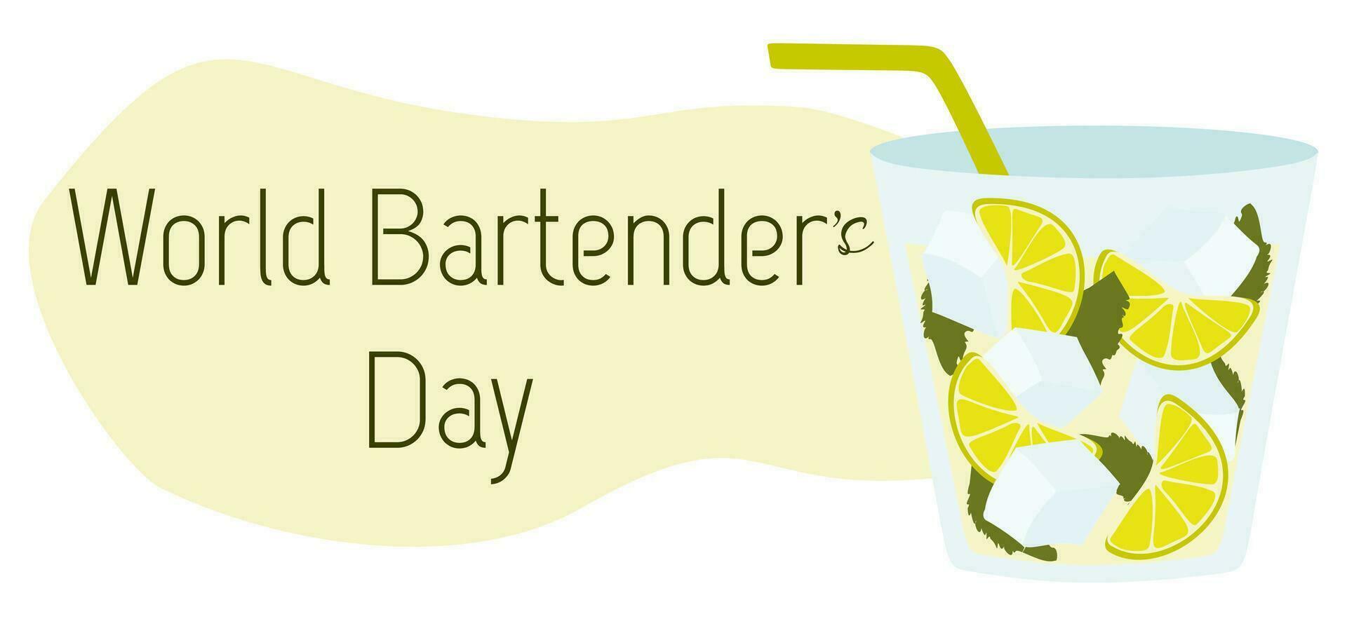 International Bartenders Day banner. 6 February. Template for background, card, poster. Vector Flat illustration. Alcohol cocktail with lime slice, Ice cubes and Drinking straw. World professional day