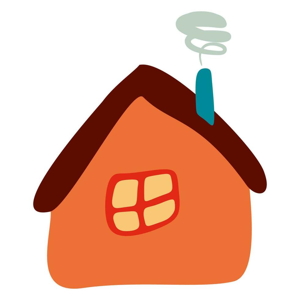 Small Colorful crooked house in Flat style with Smoke from Chimney, Roof and Window. Cartoon Children drawing Vector illustration Isolated white background. Design art Home for Sticker, Card, Poster.