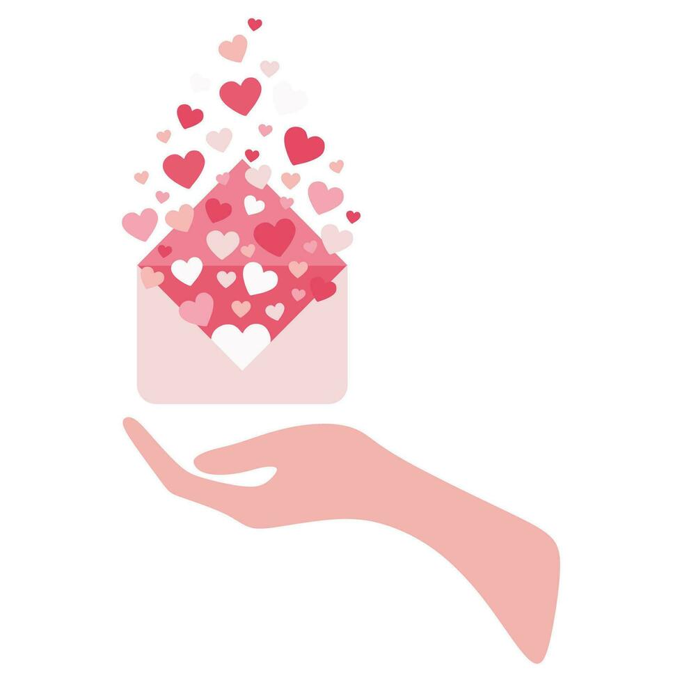 Hands holding Love letter with Flying out Hearts, Valentines day envelope. Greeting Holiday card isolated on white background. Vector Flat Cartoon illustration for Social media post, Postcard, Poster.