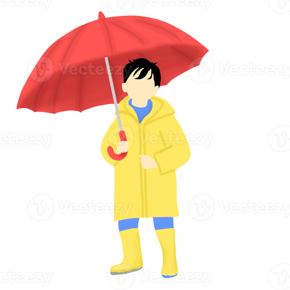 kind met geel regenjas en rood paraplu png