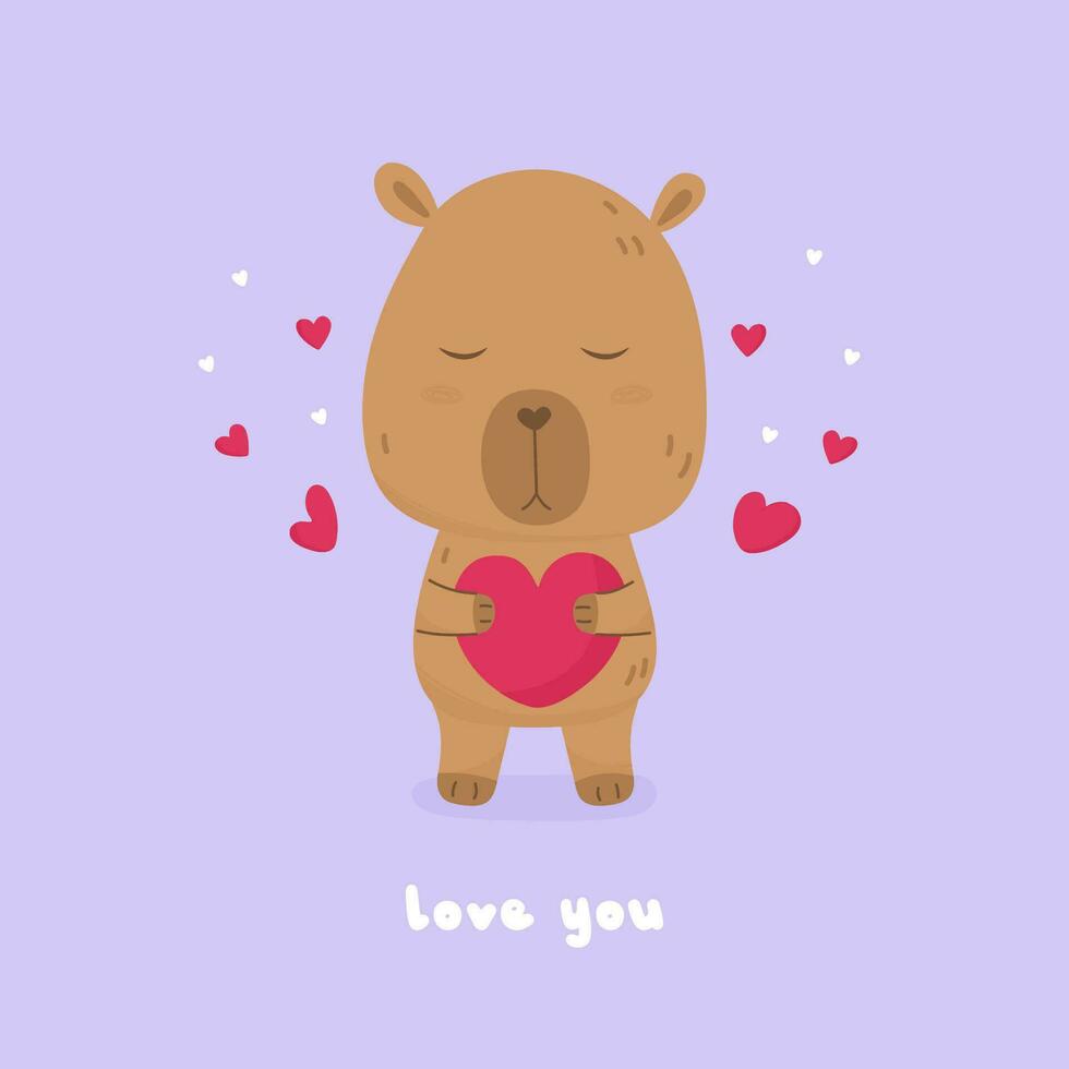 Valentine day card with cute lovely capybara vector