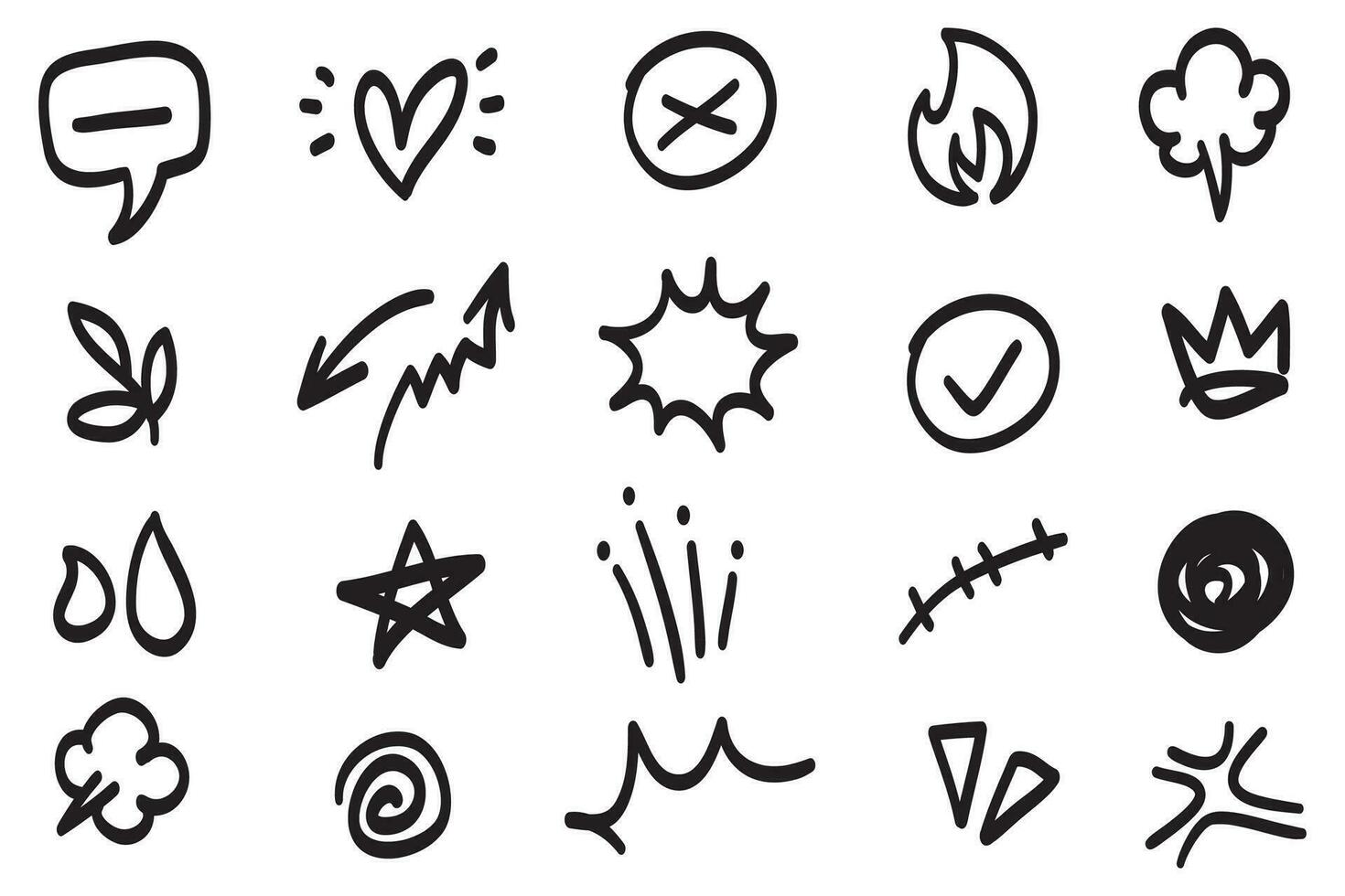 Conjunto de vectores de doodle de signo de expresión de dibujos animados dibujados a mano, flechas direccionales de curva, elementos de diseño de efectos de emoticonos, símbolos de emoción de personaje de dibujos animados, lindas líneas de trazo de pincel decorativo.