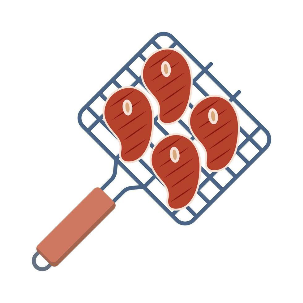 Barbeque grill grate with steaks, device for grilling food. Top view. Vector illustration.