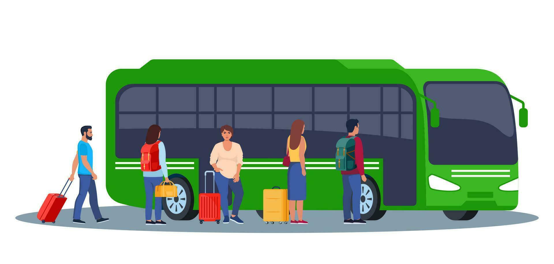 People on auto station. Man, woman standing near transport, waiting for passenger boarding. Citizen, urban infrastructure concept. Vector illustration.