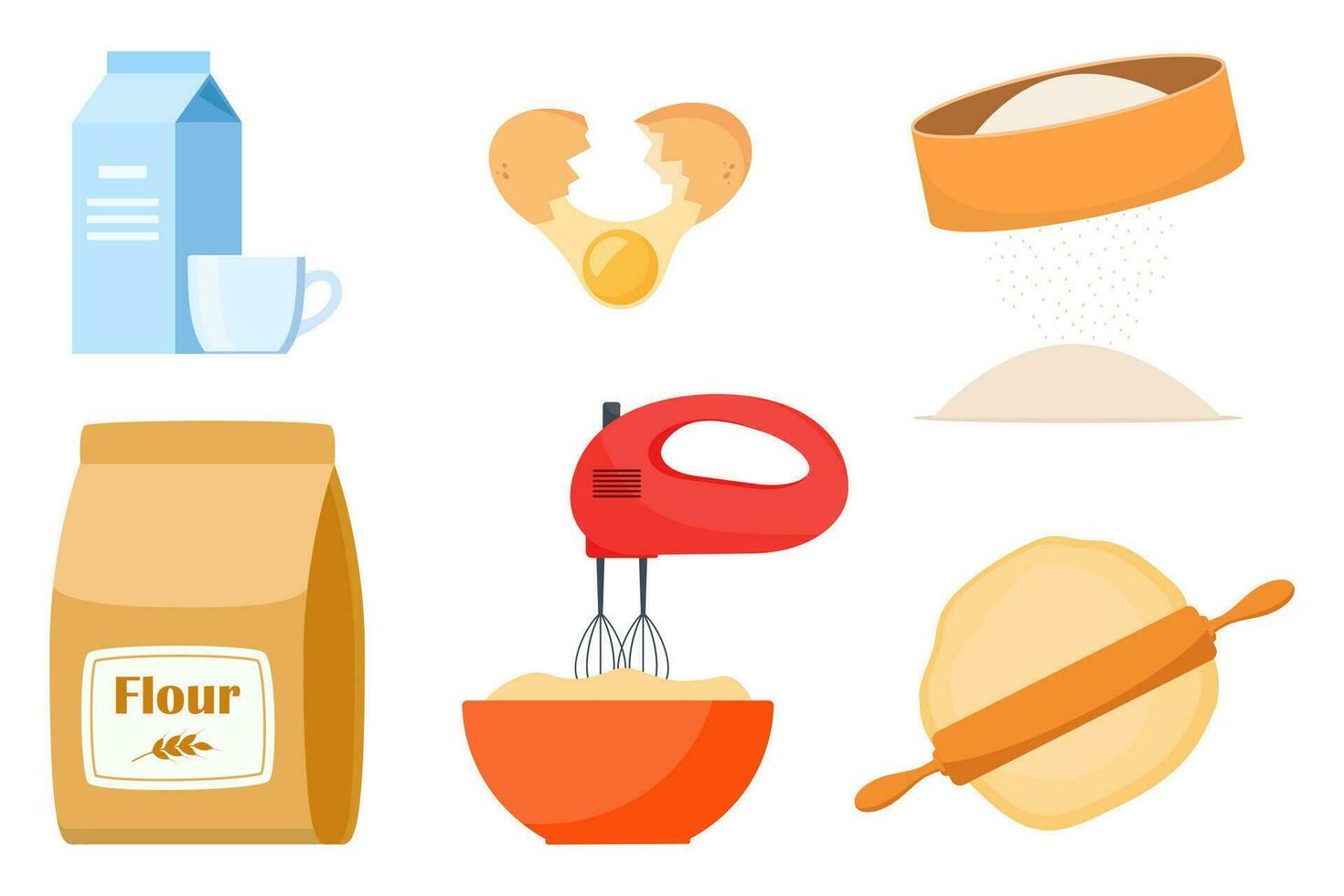 Pastry making equipment and ingredients. Baking tools set. Delicious baking. Vector illustration.