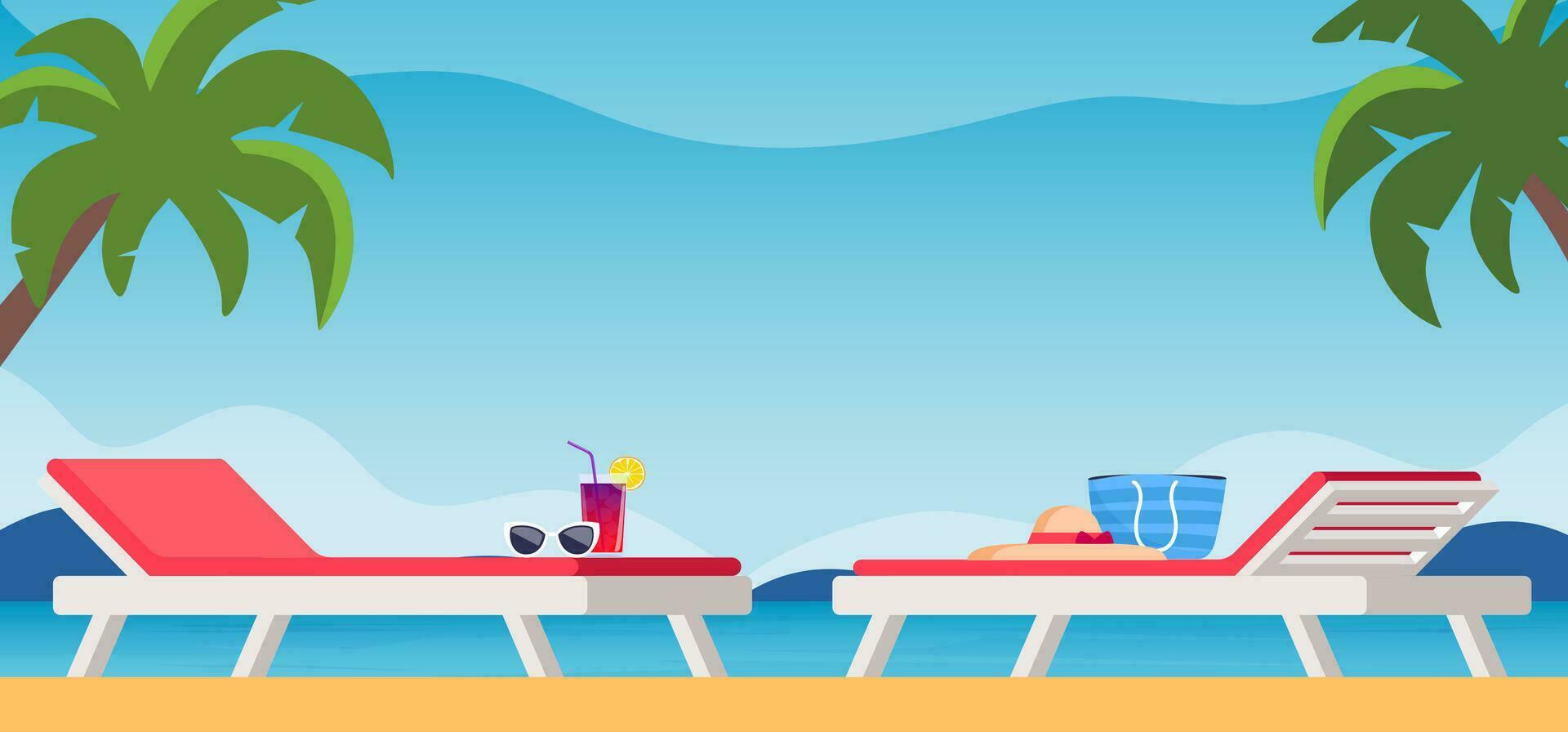 Sunbeds with parasol at sand beach. Summer tropical resort with private chaise-longues at seacoast. Sun bed and beach elements. Vector illustration.