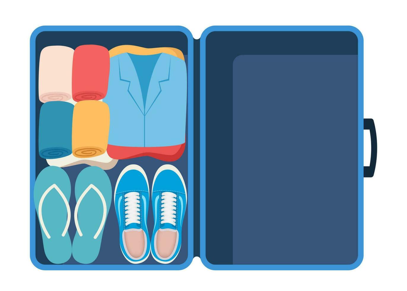 Suitcase with packed clothes for travel in top view. Clothing, footwear and accessories. Personal belongings in luggage, going on vacation, journey or business trip. Vector illustration.