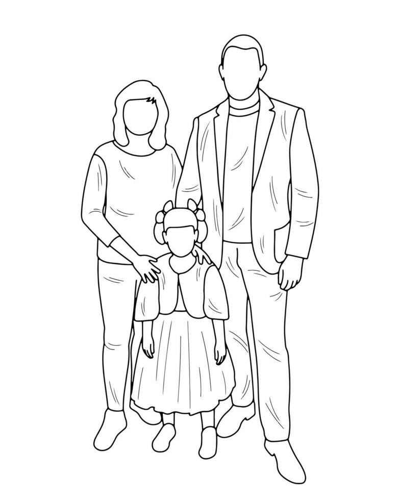 Line sketch of dad, mom and daughter together, family, isolated vector