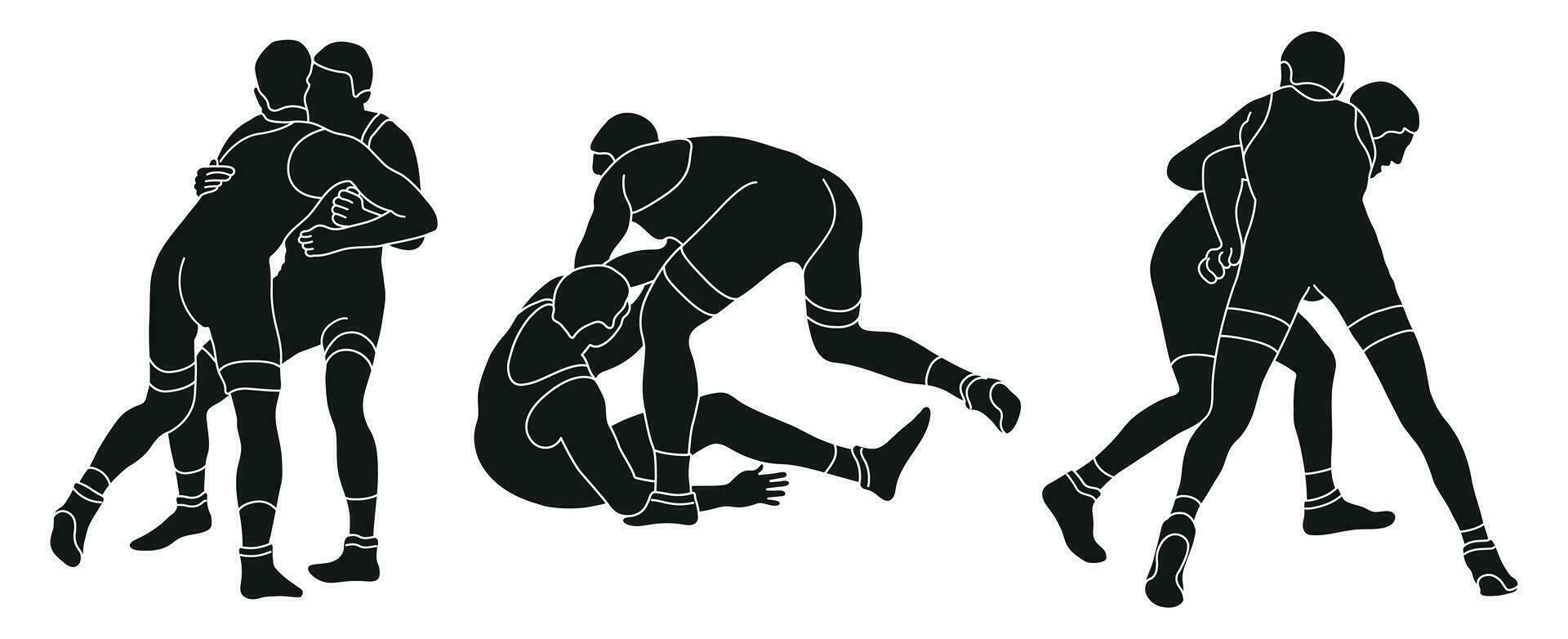 Line sketch of silhouettes athletes wrestler in wrestling, fighting. Greco Roman wrestling, fight, combating, struggle, grappling, duel, mixed martial art, sportsmanship vector