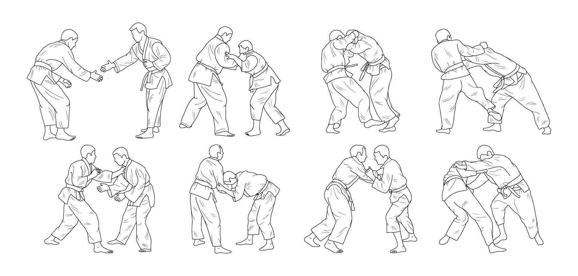 línea bosquejo de juguetón judoka combatiente. judoista, judoca, atleta, duelo, luchar, judo vector