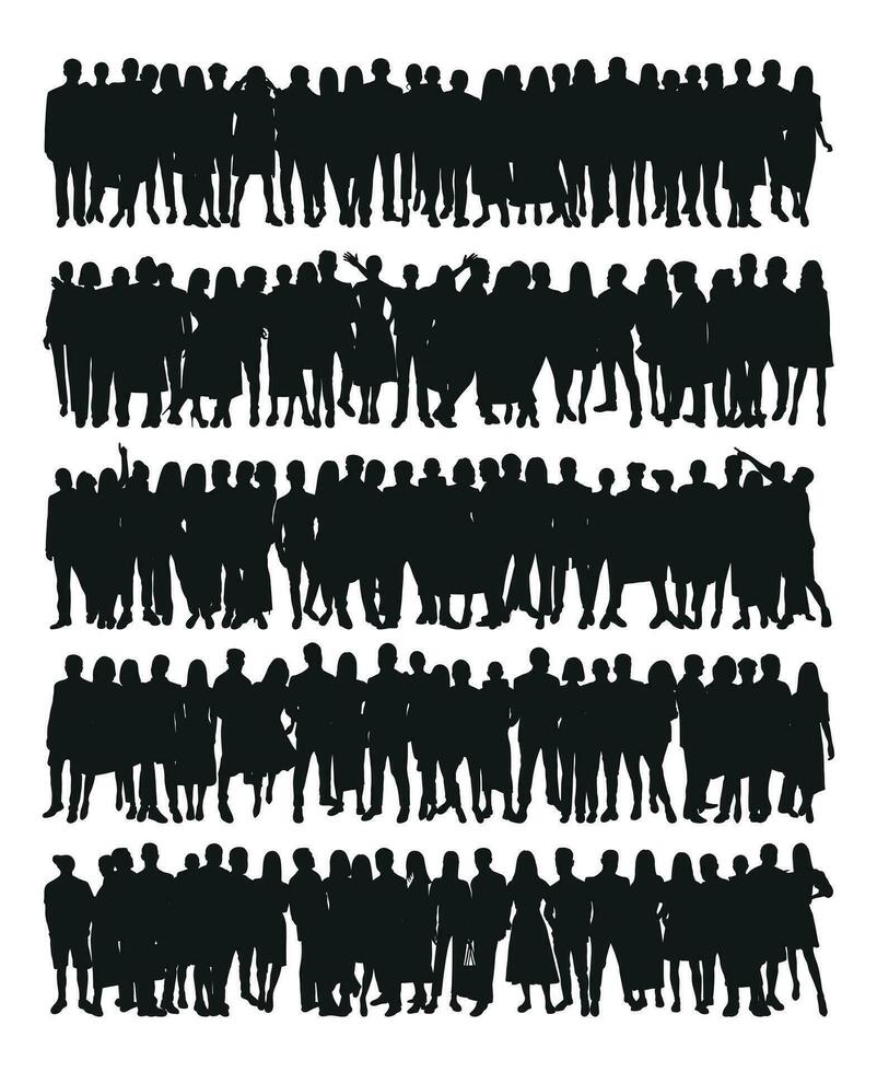 Collection of huge crowds of people, stand side by side together, large group, isolated vector