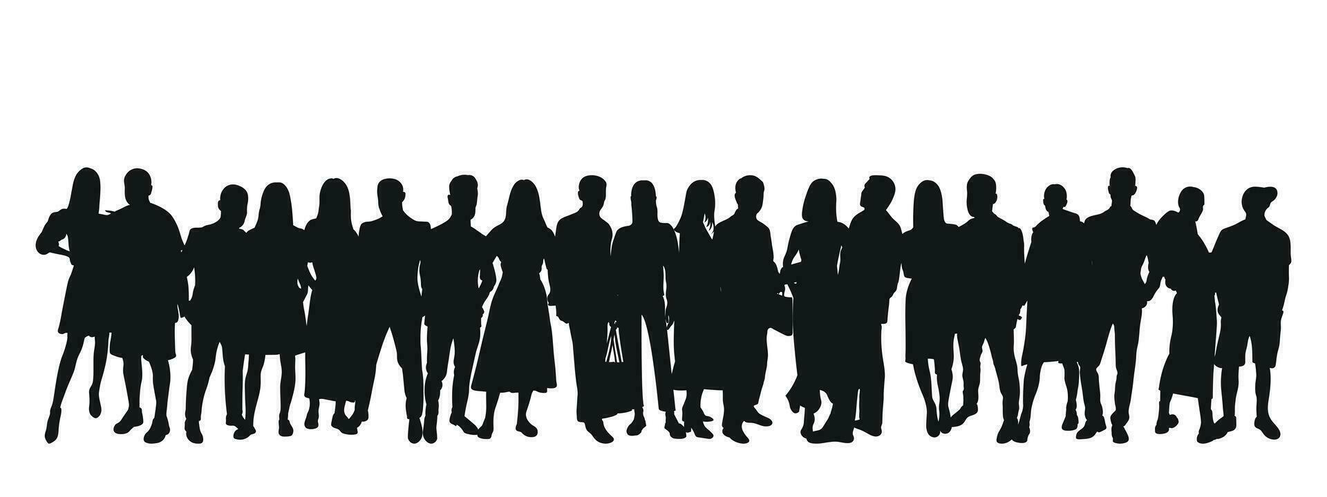 Black silhouette of young couples of guys and girls, crowd, group, team, band, isolated vector