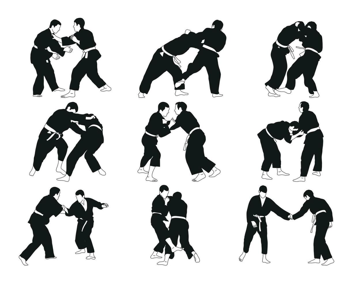 Collection of judoka silhouettes, isolated vector